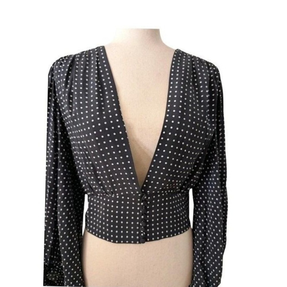 Equipment Femme Black White Polka Dot Silk Long Sleeve Plunging VNeck Crop Top M